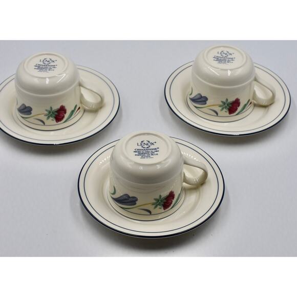 Y2K Coffee or Tea Flat Cup & Saucer 6pc Set Poppies On Blue by LENOX - Picture 5 of 6